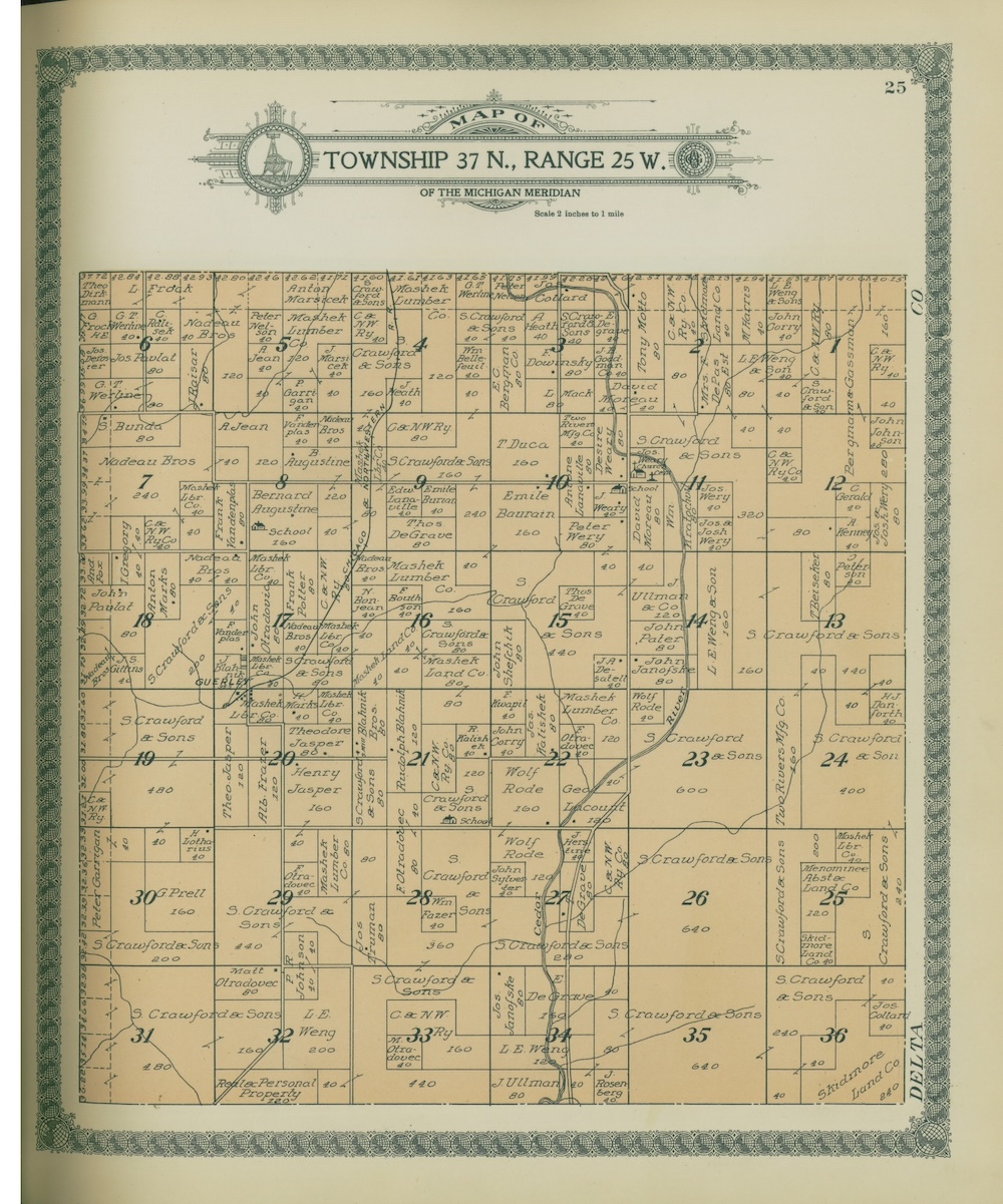 1912 Atlas of Menominee County Future Gourley TWP showing land owners